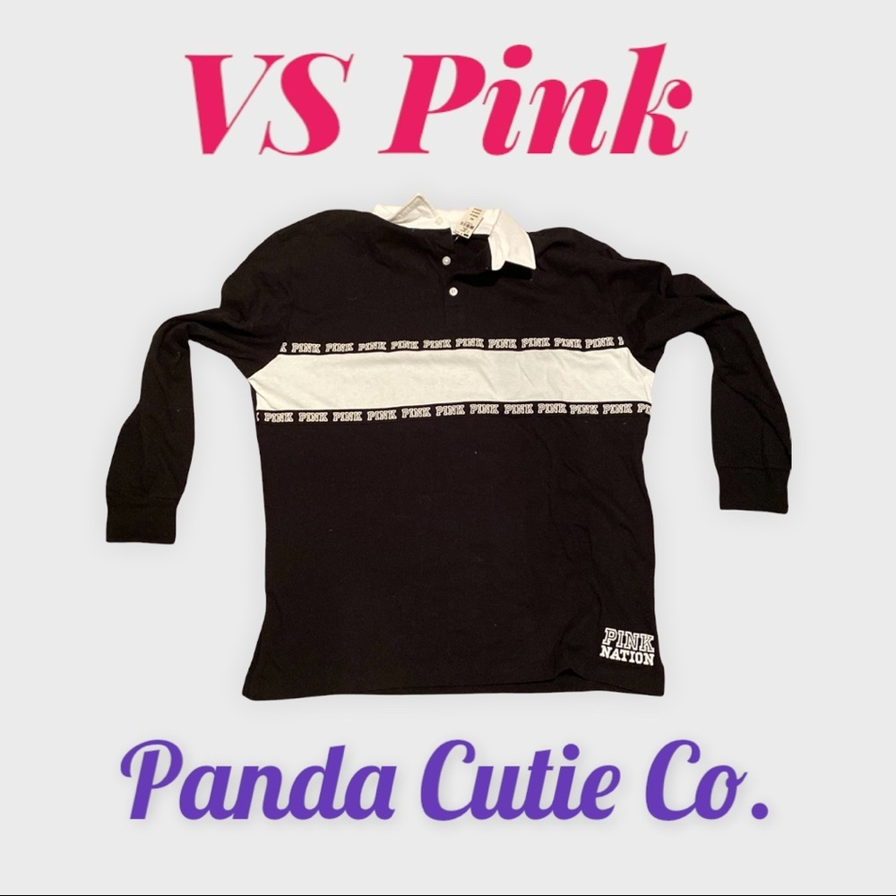 VS PINK Nation Rugby Long Sleeve Pullover, Black & White, NWT